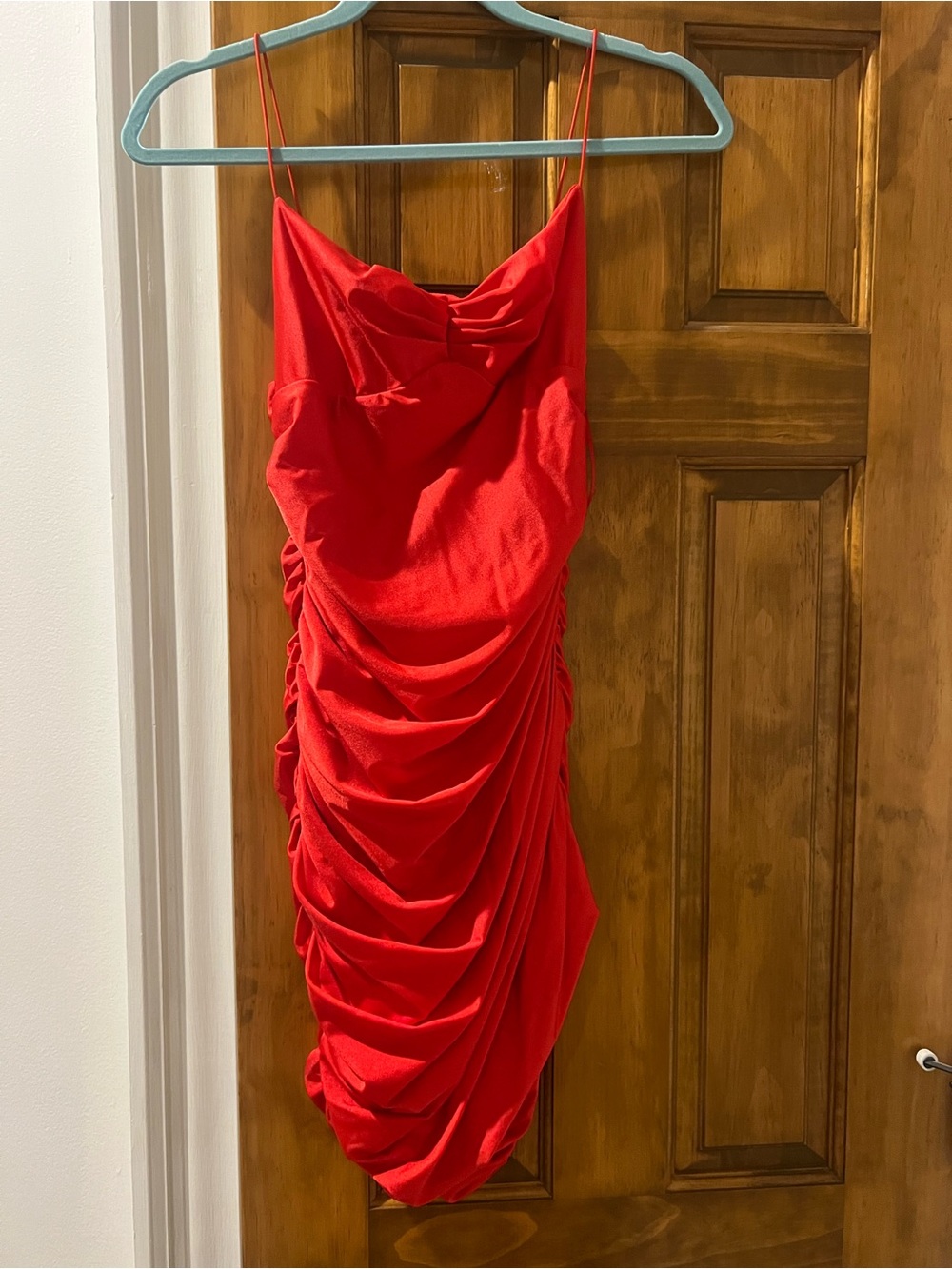 Red Ruched Spaghetti Strap Dress